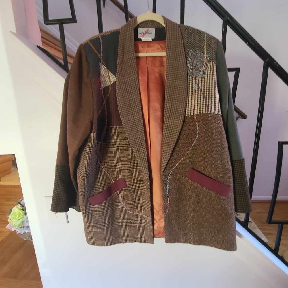 Mary Flanagan Blazer Jacket Boyfriend Patchwork Art to Wear - Large